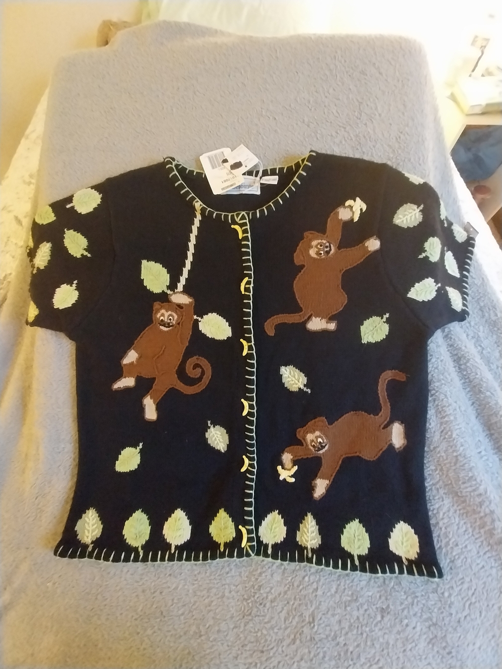 Black Knit Cardigan with Playful Monkey Appliqués